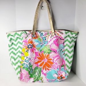 Lilly Pulitzer for Target Nosey Posey Canvas Tote Bag Floral Neon Gold Trim